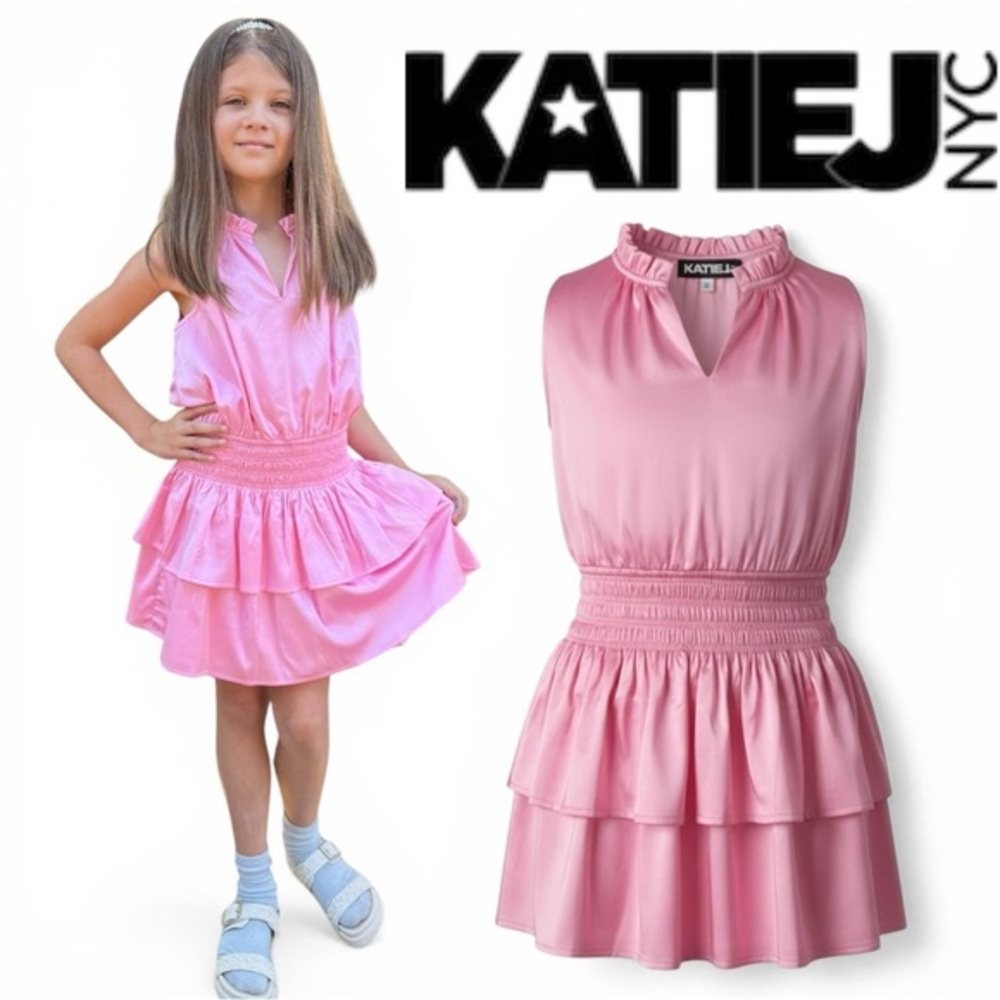KatieJ NYC Pink Satin Dress M 9-10 Tiered Ruffle Sleeveless NWT